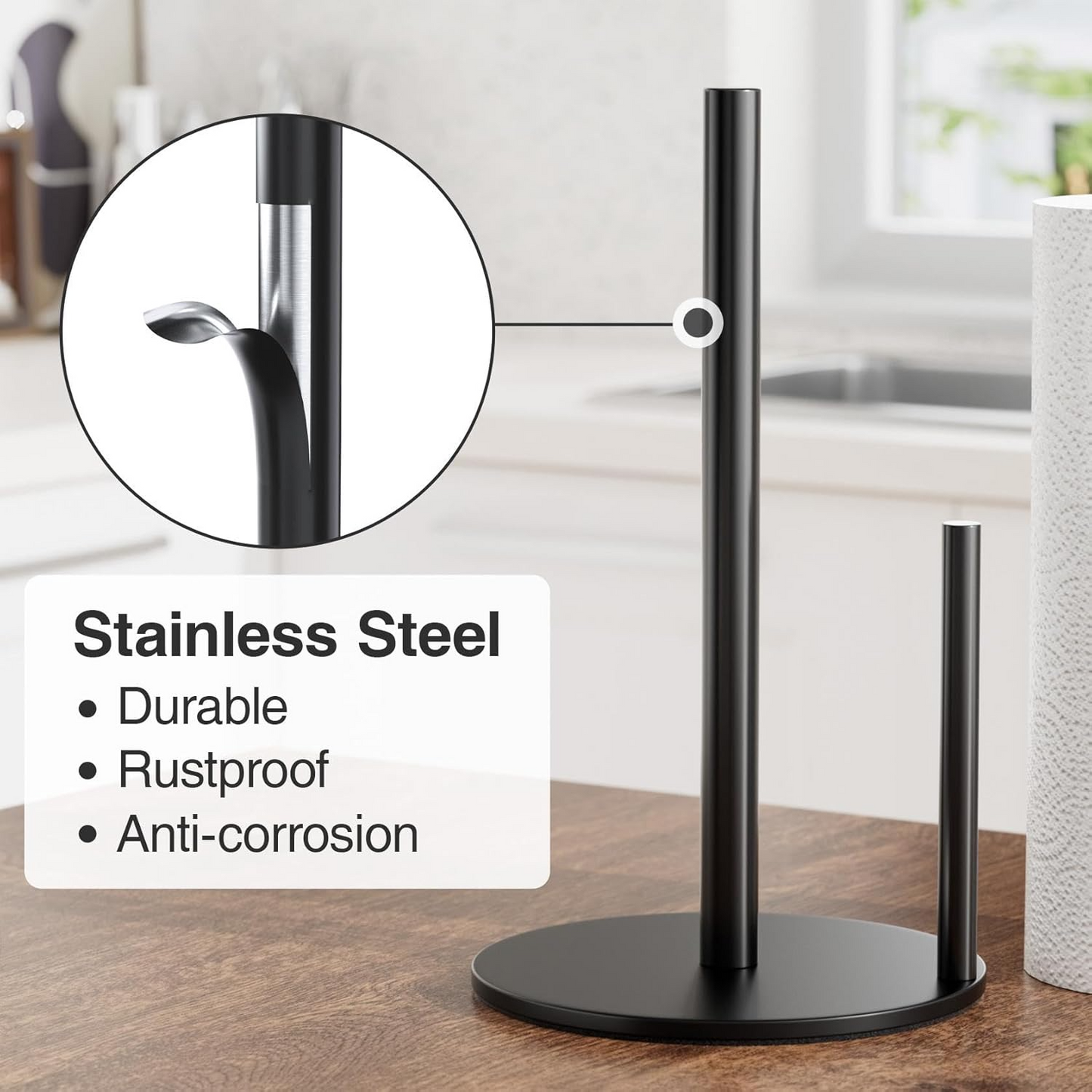 Countertop Paper Towel Holder – Black Stainless Steel with Weighted Base